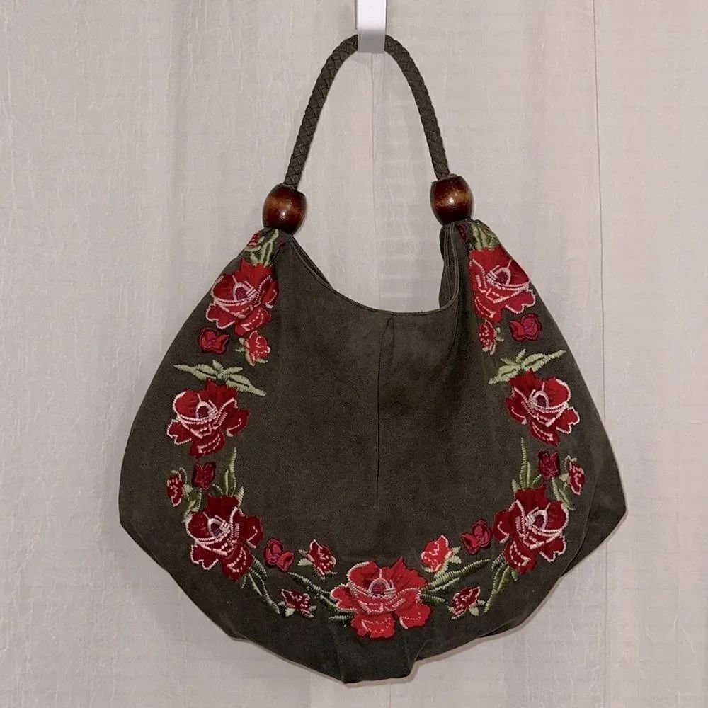 ASOS Forever New Camo Green Canvas Red Burgundy Pink Floral Embroidered Hobo Bag